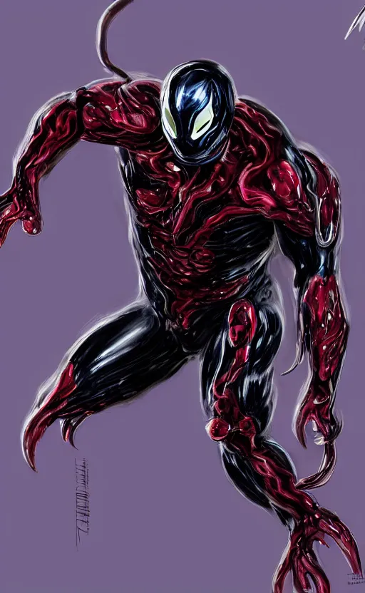 Image similar to venom in a venom inspired ironman suit, purple, black and red, dynamic lighting, photorealistic fantasy concept art, trending on art station, stunning visuals, terrifying, creative, cinematic