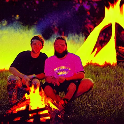 Image similar to grainy low quality 90s poloraid photo of a couple guys wearing Synthwave style shirts near a campfire, scanned photo, visual photo artifacts