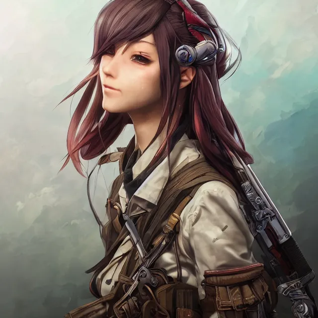 Image similar to the portrait of lawful neutral semi - colorful female infantry gunner as absurdly beautiful, gorgeous, elegant, young anime girl, an ultrafine hyperdetailed illustration by kim jung gi, irakli nadar, intricate linework, bright colors, octopath traveler, final fantasy, unreal engine 5 highly rendered, global illumination, radiant light, detailed and intricate environment