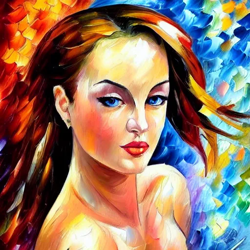 Image similar to painting of a gorgeous self conscious woman in the style of leonid afremov, hyperrealistic eyes, elaborate hairstyle, low contrast, silk skin