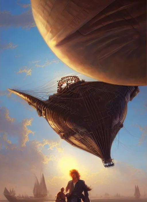 Image similar to portrait painting of a handsome face rugged long hair crimson hair male captain, top half portrait soft hair steampunk ornate mechanical zeppelin blimp airship in the background sky sunset golden hour fantasy soft hair deviantart book cover art dramatic volumetric lighting art by wlop greg rutkowski gaston bussiere