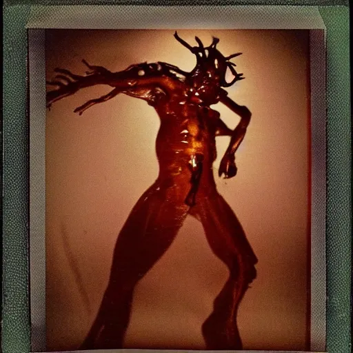 Image similar to transparent horror monster polaroid interior photo, dynamic pose, full body shot, sharp focus, grainy, flashlight