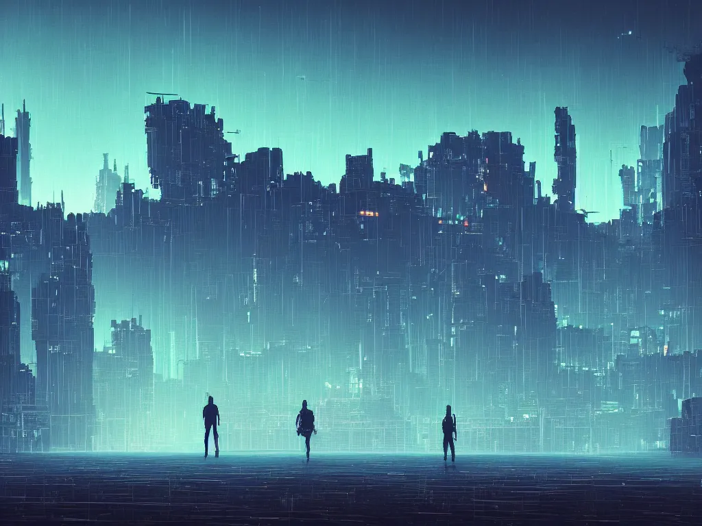 Prompt: synthwave landscape of a lone traveler walking towards a distant cyberpunk castle, cyberspace, grid, virtual, night, wireframe, by John Smith, by Alena Aenami, by Greg Rutkowski, wide angle, highly detailed, cinematic, Blue and Green color scheme