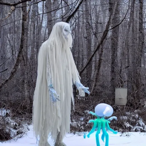 Image similar to humanoid ethereal ghostly live action muppet wraith like figure with a lightbulb jellyfish head with two very long tentacles for arms that flow gracefully at its sides while it floats around the frozen tundra searching for lost souls and that hide in the shadows in the trees, this character can control the ice, snow, shadows, and electricity, it is a real muppet by sesame street, photo realistic, real, realistic, felt, stopmotion, photography, sesame street