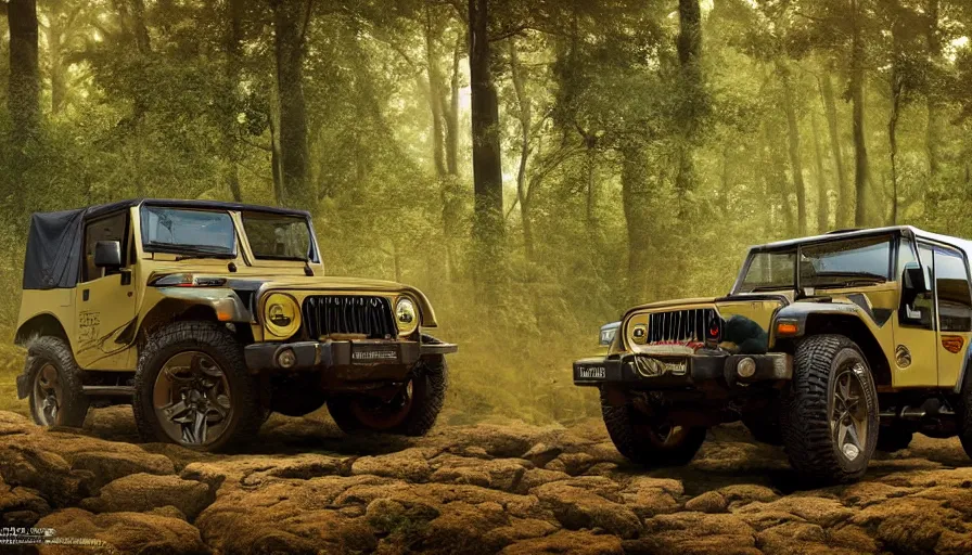 Image similar to Mahindra thar, in the forest, plants environment, wide angle, cinematic lighting, atmospheric, realistic, octane render, highly detailed, color graded, in the style of craig mullins