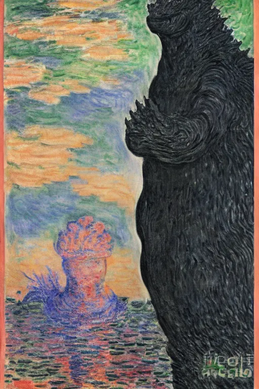 Image similar to shinzo abe with body of Godzilla painting by claude monet