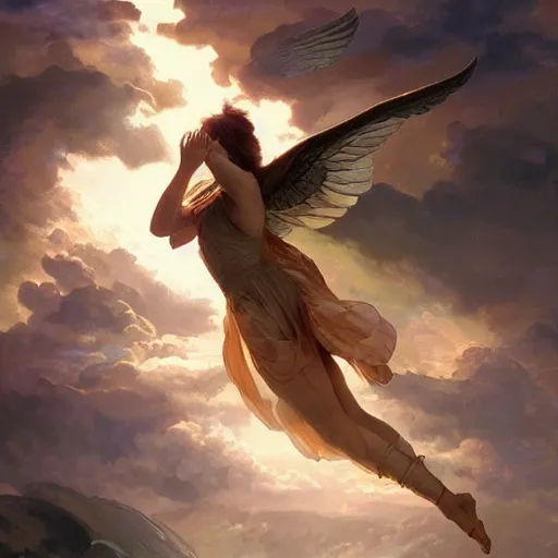 Image similar to Icarus falling from the sky, dramatic light, highly detailed, digital painting, cgsociety , concept art, sharp focus, illustration, art by artgerm and greg rutkowski and alphonse mucha