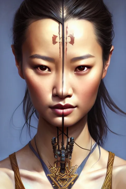 Image similar to symmetry!! portrait of jamie chung in the style of god of war, machine parts embedded into face, intricate, elegant, highly detailed, digital painting, artstation, concept art, smooth, sharp focus, illustration, art by artgerm and greg rutkowski and alphonse mucha, 8 k