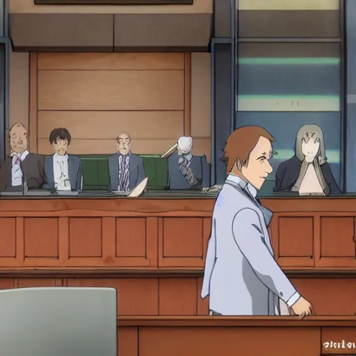 Prompt: Saul Goodman in a courtroom, anime, movie, by studio ghibli