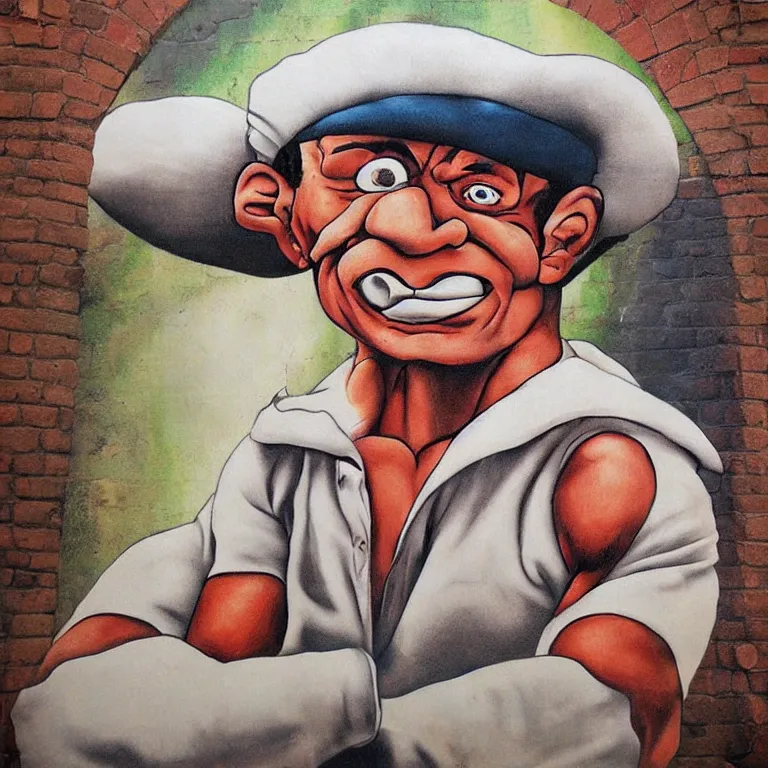 Image similar to Street-art portrait of Popeye the Sailor in style Elzie Crisler Segar, photorealism