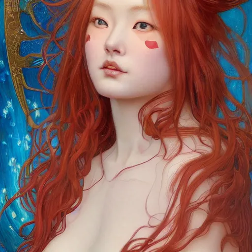 Image similar to portrait of Asuka Soryu with red long wavy hair drawn by Donato Giancola and Tom Bagshaw and Julie Bell, face by Artgerm, overall design by Alphonse Mucha, background by James Jean and Gustav Klimt, 4k, porcelain skin, komorebi, french nouveau, trending on artstation, octane render, hyperrealistic