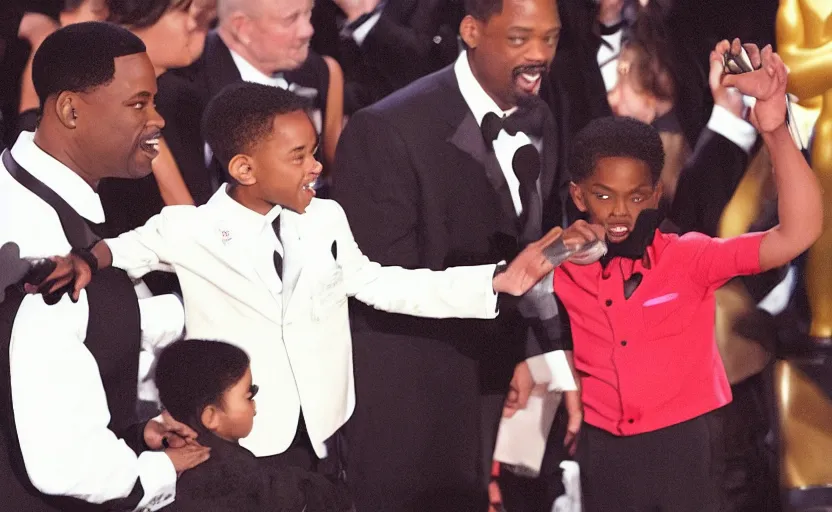 Prompt: a child\'s drawing of Will Smith slapping Chris Rock on stage at the academy awards - H 512