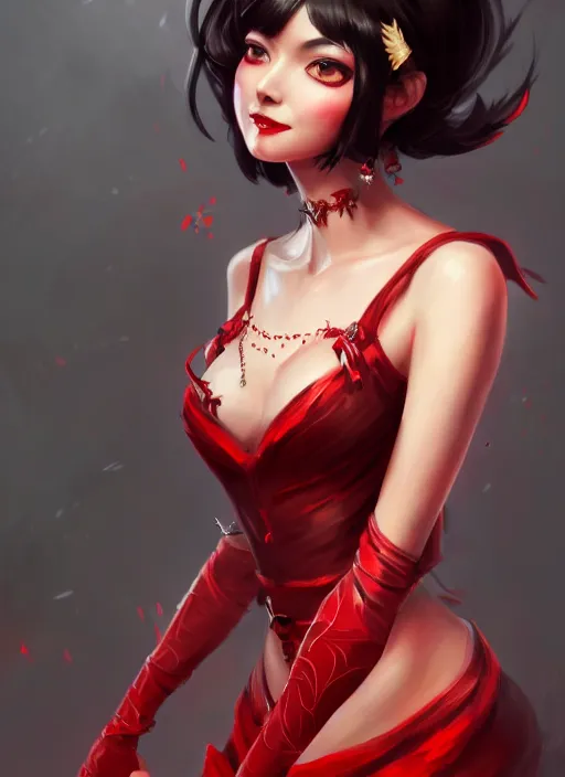 Prompt: a highly detailed illustration of hime cut black haired woman wearing red dress, dramatic smiling pose, perfect face, perfect body, intricate, elegant, highly detailed, centered, digital painting, artstation, concept art, smooth, sharp focus, league of legends concept art, wlop