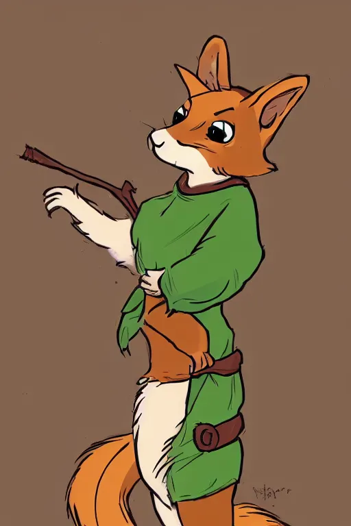 Prompt: a pretty medieval anthropomorphic squirrel fox ranger with a fluffy tail dressed as peter pan in the forest, comic art, trending on furaffinity, cartoon, kawaii