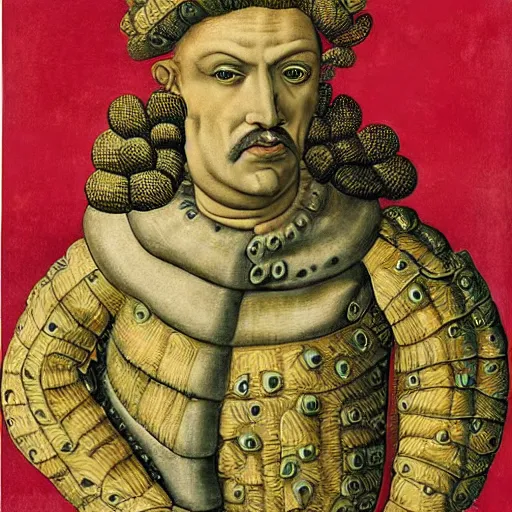 Image similar to portrait of an anthropomorphic ankylosaurus, dressed as an italian king, sandro bottecelli, 1 5 0 0