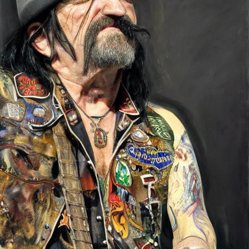 Prompt: high quality high detail painting by lucian freud, hd, portrait of lemmy from motorhead