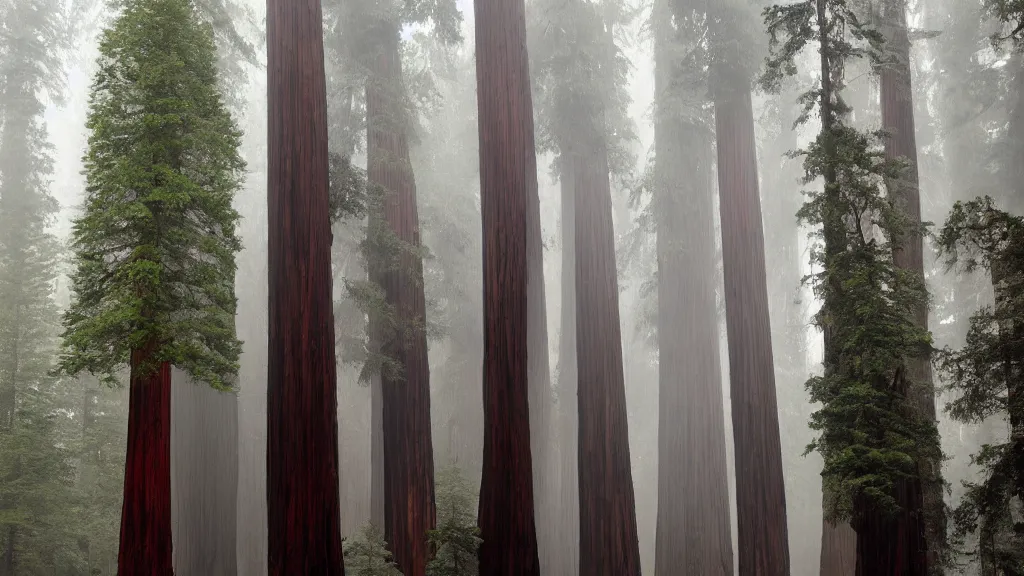 Image similar to dense redwood forest sequoia concept art misty