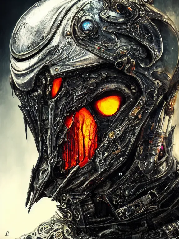 Image similar to portrait art of 8k ultra realistic undead Sauron , intricate high tech helmet , detailed intricate ornate space suit,decaying, cybernetic, full of colour, cinematic lighting, battered, trending on artstation, 4k, hyperrealistic, focused, extreme details,unreal engine 5, cinematic, masterpiece, art by ayami kojima, giger