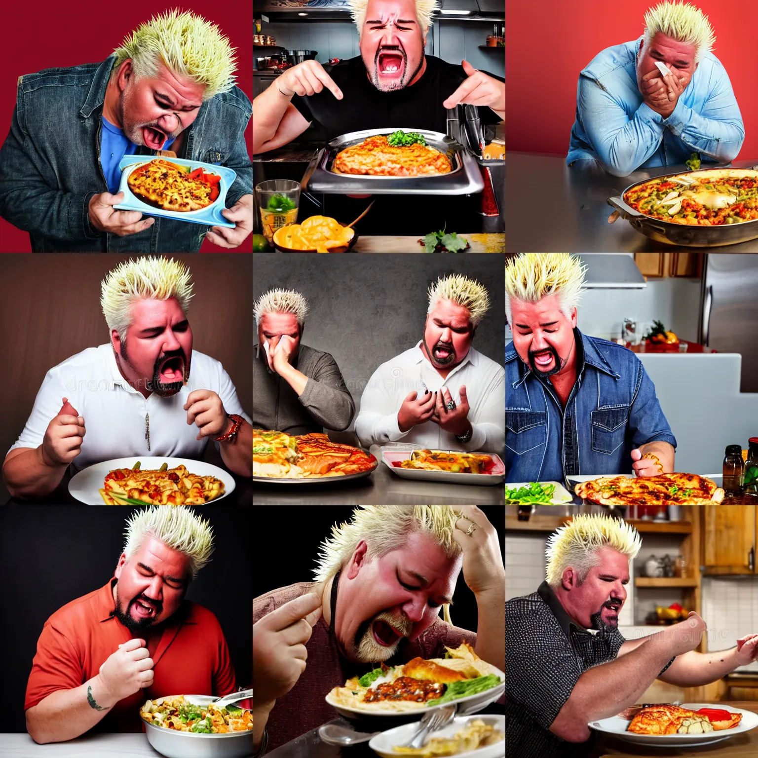 Prompt: Guy Fieri crying into a Hungry Man TV Dinner, stock photo, sad, dramatic, realistc, photograph, 8k