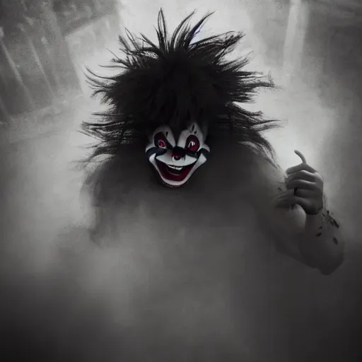 Prompt: Evil clown Big smiling mouth, black round nose, spiky long hair, worn striped tank top emerging from a fog and dust. Realistic. Very textured, hyper detailed, cinematic, ambience, perfect composition, focus, dark