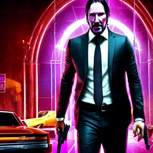 Prompt: john wick in saints row, artstation hall of fame gallery, editors choice, #1 digital painting of all time, most beautiful image ever created, emotionally evocative, greatest art ever made, lifetime achievement magnum opus masterpiece, the most amazing breathtaking image with the deepest message ever painted, a thing of beauty beyond imagination or words, 4k, highly detailed, cinematic lighting