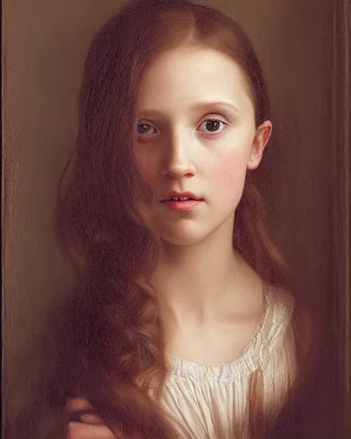 Prompt: a window - lit realistic portrait painting of an open - mouthed girl resembling a young, shy, redheaded alicia vikander or millie bobby brown, lit by a window at the side, highly detailed, intricate, by leonardo davinci, bouguereau, and boticelli