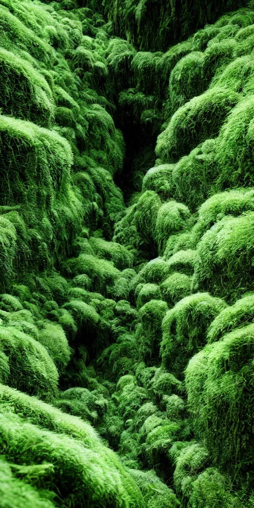 Image similar to a fertile, lush mossy canyon, ferns, minimalist structure, covered in ice, in the style of reuben wu, roger deakins