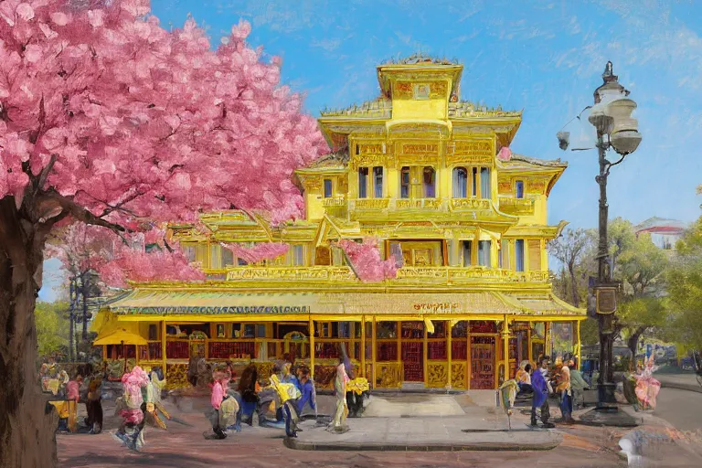 Prompt: painting of a yellow waffle house front view, rococo style, greek architecture, pink marble building, sakura trees, sakura season dynamic lighting, landscape, artwork by jeremy lipkin and giuseppe dangelico pino and michael garmash and rob rey and greg manchess and huang guangjian and makoto shinkai, pixiv, 1 0 0 mm