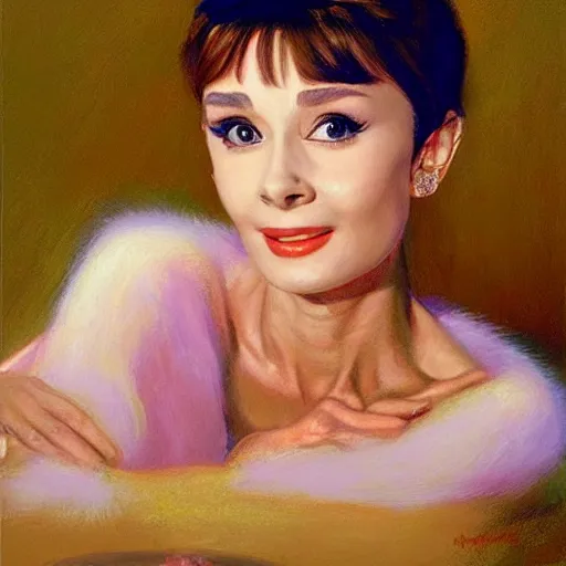 Prompt: portrait of audrey hepburn by victor nizovtsev and james gurney - h 7 6 8