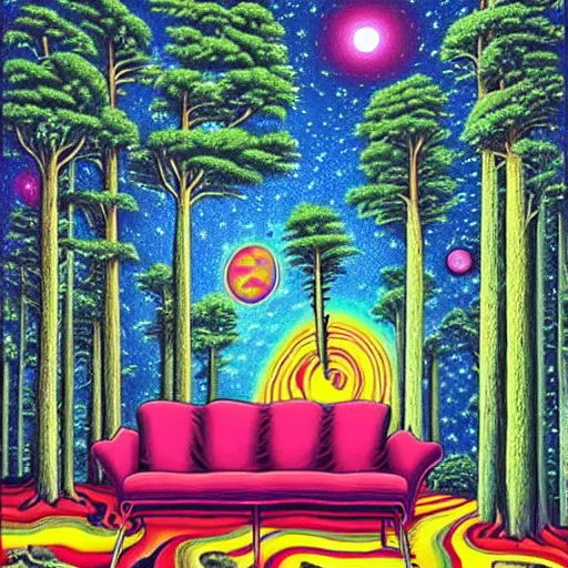 Prompt: psychedelic trippy couch pine forest, vivid planets, milky way, sofa, cartoon by rob gonsalves