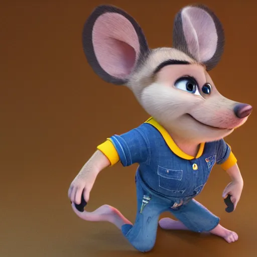 Image similar to 3 d render, portrait, headshot, closeup, anthropomorphic mouse, female, wearing denim short shorts and a off yellow tank top shirt, in the style of zootopia