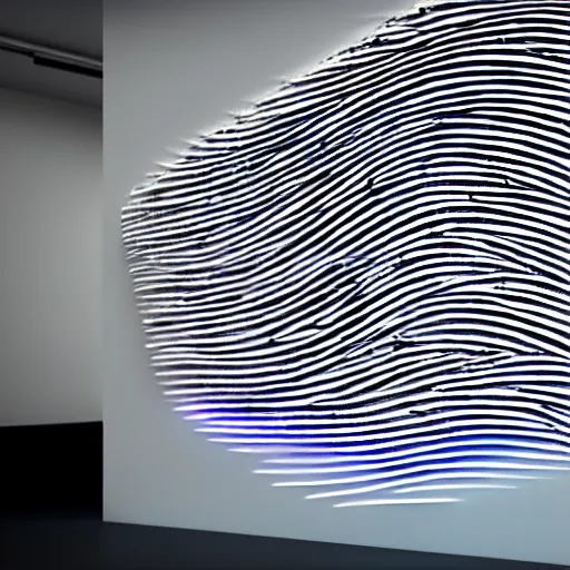 Prompt: : fingerprint pattern sculpture art on the wall in modern architecture studio, cinematic lighting, hyper - realistic, detailed, render by c 4 d octane, unreal engine, 8 k 3 d render