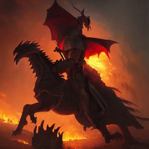 Prompt: painting of a knight shielding himself and his horse from the flames of a terrifying dragon. style of greg rutkowski.