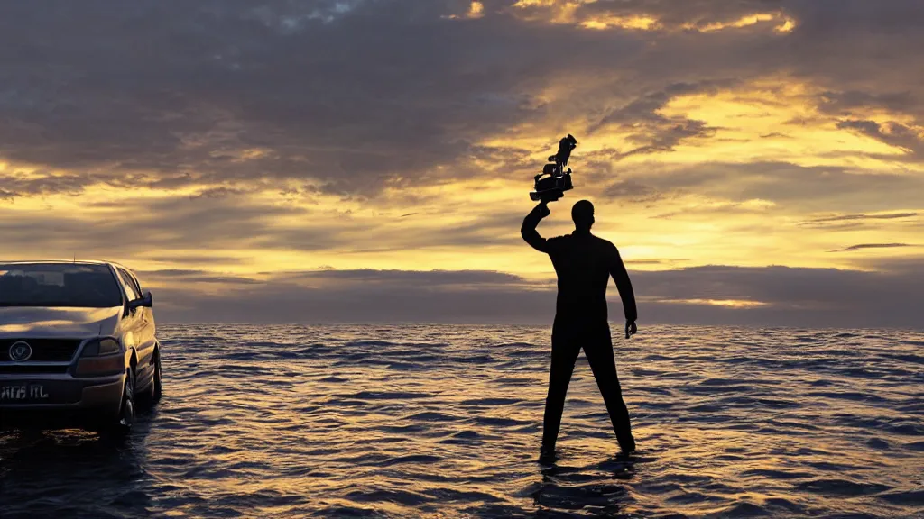 Prompt: a movie still of a man standing on a car while driving through the ocean at sunset, golden hour