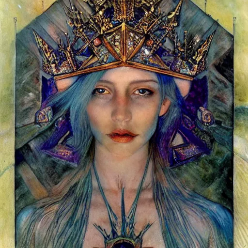 Image similar to the crystal crown, by Luis Royo Annie Swynnerton and Nicholas Roerich and Diego Rivera, tattooed bioluminescent skin, elaborate costume, geometric ornament, symbolist, rich color, dramatic cinematic lighting, smooth, sharp focus, extremely detailed