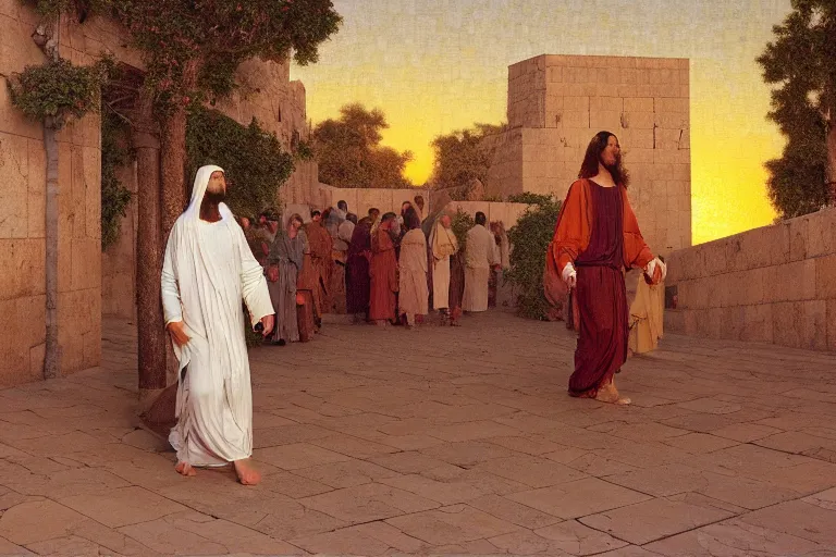 Prompt: painting of jesus christ walking through jerusalem, beautiful, sunset, romantic, by ludwig deutsch and maxfield parrish, patterned tilework, extremely detailed, cinematic lighting, smooth sharp focus