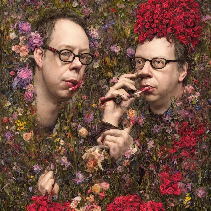 Image similar to todd solondz john zorn, male portrait of the john zorn todd solondz of the underworld puking blood, surrounded by flowers by karol bak, james jean, tom bagshaw, rococo, trending on artstation, cinematic lighting, hyper realism, octane render, 8 k, hyper detailed.