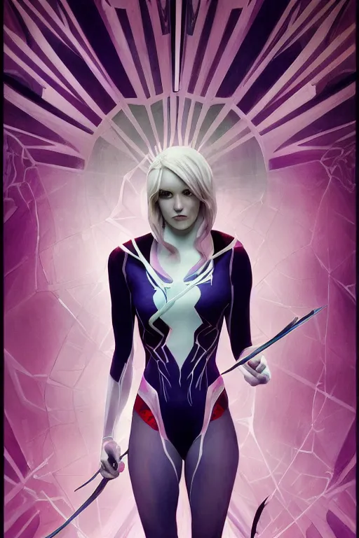 Image similar to a dramatic ethereal epic painting of Spider-Gwen | tarot card, art deco, art nouveau, realistic | dramatic lighting | by Dresden Codak, by Mark Maggiori and Alphonse Mucha | trending on artstation