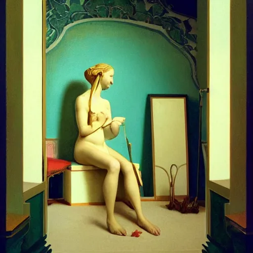 Image similar to a goddess in a liminal room, film still by wes anderson, depicted by canova, limited color palette, very intricate, art nouveau, highly detailed, lights by hopper, soft pastel colors, minimalist