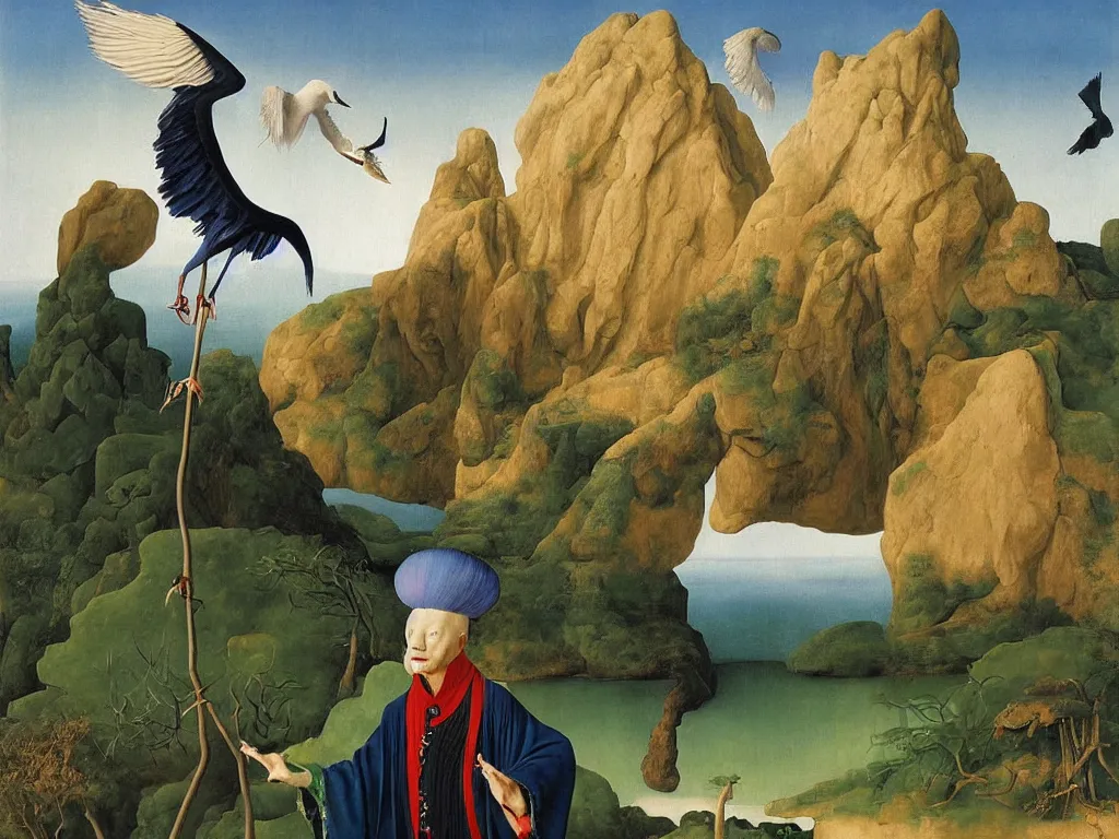 Image similar to Portrait of albino mystic with blue eyes, with exotic beautiful orchid crane. Landscape with tsunami, giant wave, boulder. Painting by Jan van Eyck, Audubon, Rene Magritte, Agnes Pelton, Max Ernst, Walton Ford