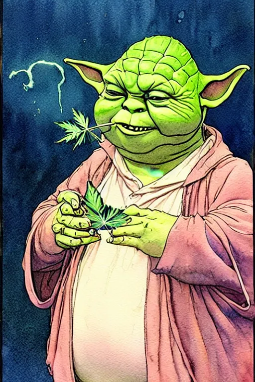 Image similar to a realistic and atmospheric watercolour fantasy character concept art portrait of a fat yoda with pink eyes giggling and holding a blunt with a pot leaf nearby, by rebecca guay, michael kaluta, charles vess and jean moebius giraud