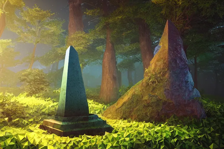 Image similar to super detailed color lowpoly art, thick overgrown forest grove, ancient stone obelisk featuring subtle glowing magic runes, emitting soft nature magic particles, unreal engine, retrowave color palette, 3 d render, lowpoly, colorful, digital art, perspective