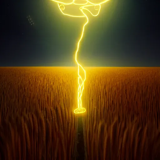 Image similar to digital painting of a glowing god with gold wires levitating in a wheat field, smooth and advanced robotic suit, lightning in sky, at night, stunning, cinematic lighting, concept art by greg rutkowski and simon stalenhag, artstation, cinematic, masterpice, insanely detailed, very realistic