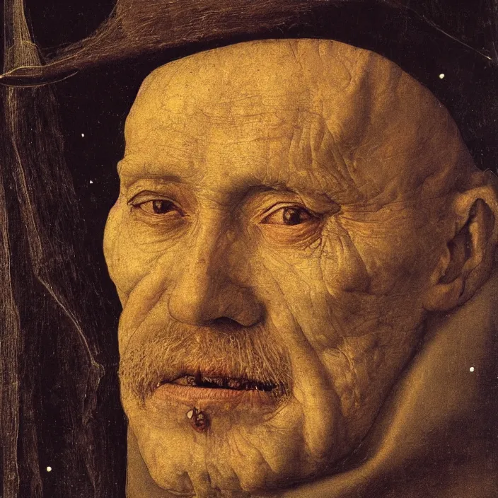 Prompt: close up portrait of a dying old man with moth. night with stars. jan van eyck