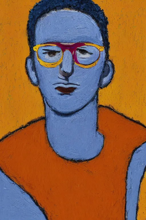 Prompt: A colorful, vivid, vibrant portrait en buste of a man in his twenties, soft round features, oval face, warm skin tone, narrow tired blue grey eyes, wearing small round glasses, small ears, thin lips, short length wavy dark blond hair, kind smile, wearing a textured ochre cotton dress shirt rolled at the elbows, fauvisme, art du XIXe siècle, figurative oil on canvas by André Derain, Albert Marquet, Auguste Herbin, Louis Valtat, Musée d'Orsay catalogue