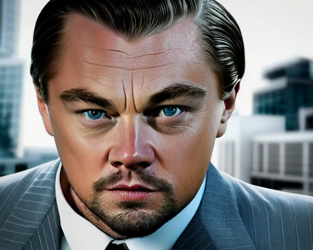 Image similar to margot r! dream leonardo dicaprio as the wolf of wall street, cinamtic, long shot, hyper detailed, very detailed face, 8 5 mm photograph, 8 k resolution, film still, sharp lens, wide lens