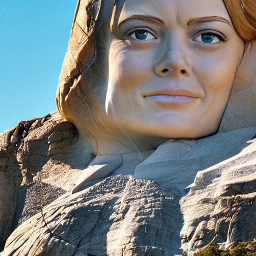 Prompt: smiling emma stone's face is carved into mount rushmore. national geographic, magazine cover, landscape, mountain, sky, daylight