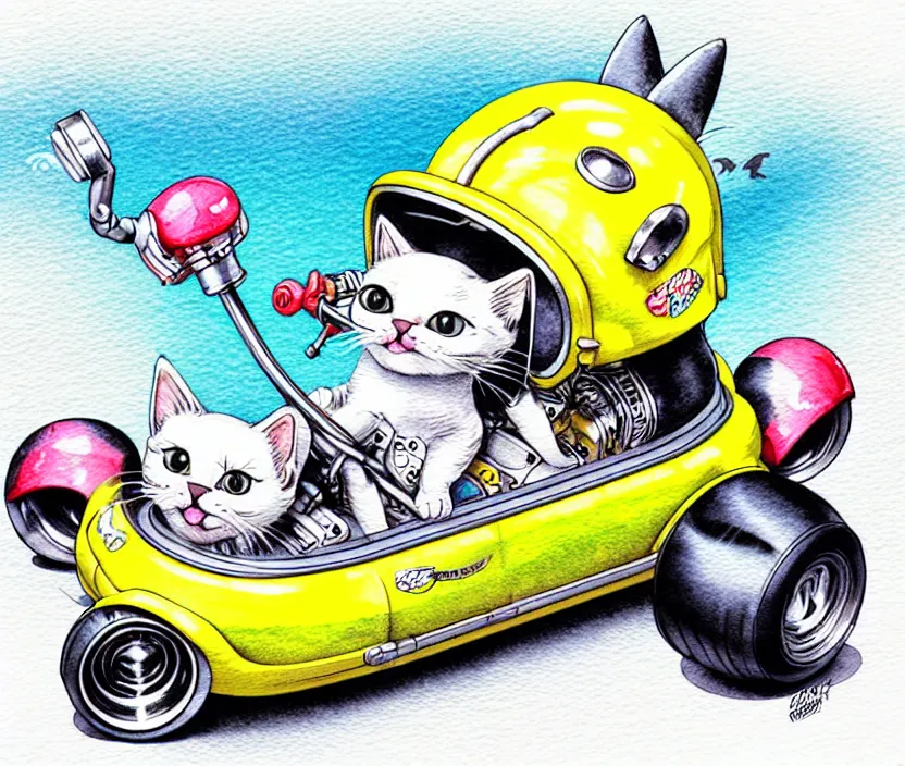 Prompt: cute and funny, kitten wearing a helmet riding in a tiny hot rod with oversized engine, ratfink style by ed roth, centered award winning watercolor pen illustration, isometric illustration by chihiro iwasaki, edited by range murata, tiny details by artgerm and watercolor girl, symmetrically isometrically centered