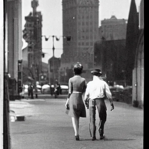 Image similar to a photo of a couple walk along street take by HENRI CARTIER-BRESSON.