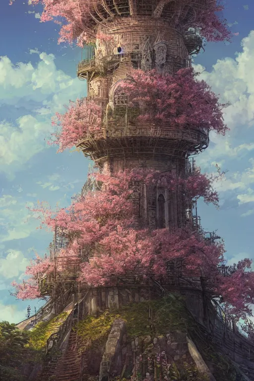 Image similar to hyperdetailed ancient wizard tower with sakura trees, cinematic highly detailed artstation hyperstylized illustrated by moebius and yoshitaka amano